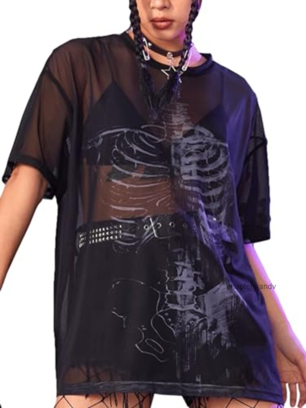 Sheer Mesh Skeleton T Shirt Short Sleeve Rave Top Crew Neck Drop Shoulder
